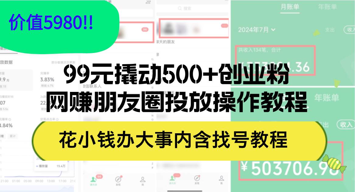 99元撬动500+创业粉，网赚朋友圈投放操作教程价值5980！花小钱办大事内…网创吧-网创项目资源站-副业项目-创业项目-搞钱项目网创吧