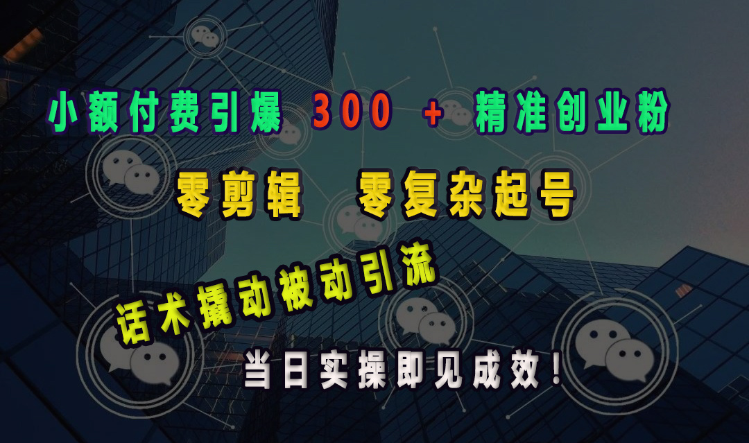 小额付费引爆 300 + 精准创业粉，零剪辑、零复杂起号，话术撬动被动引流，当日实操即见成效！网创吧-网创项目资源站-副业项目-创业项目-搞钱项目网创吧