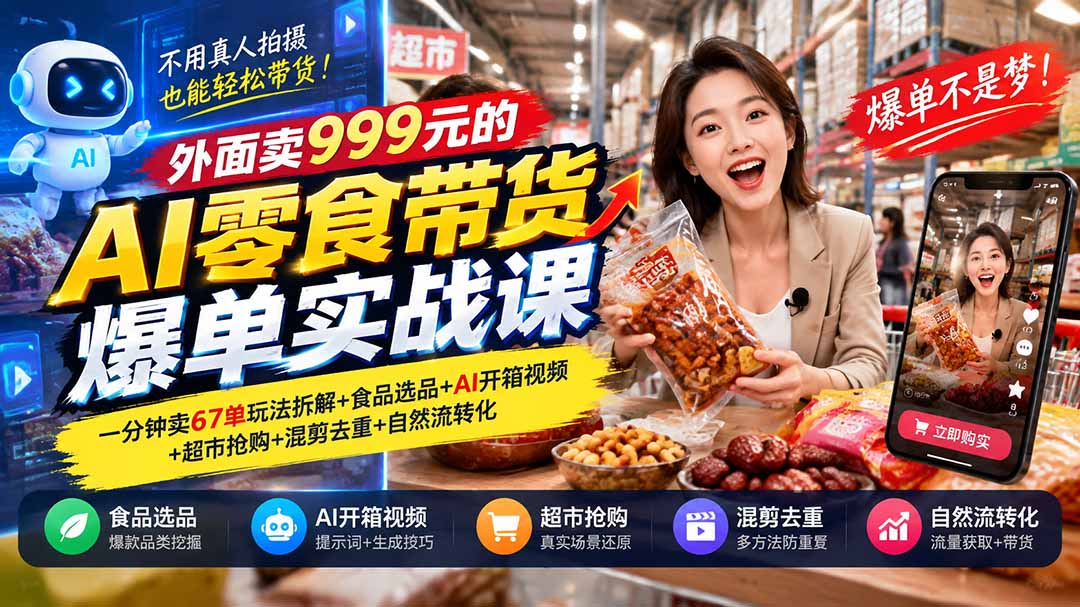 (20994期)外面卖999元的AI零食带货爆单实战课|一分钟卖67单玩法拆解+食品选品+AI开箱视频+超市抢购+混剪去重+自然流转化网创吧-网创项目资源站-副业项目-创业项目-搞钱项目网创吧