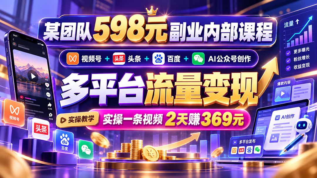 (21238期)某团队598元副业内部课程:视频号+头条+百度+AI公众号创作、多平台流量变现,实操一条视频2天赚369元网创吧-网创项目资源站-副业项目-创业项目-搞钱项目网创吧