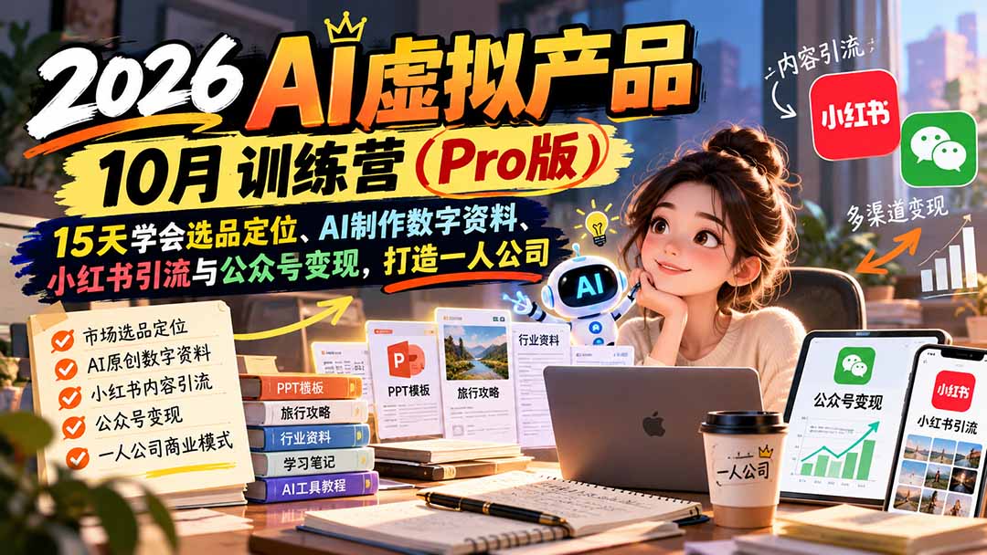 (21054期)2026AI虚拟产品10月训练营(Pro版):15天学会选品定位、AI制作数字资料、小红书引流与公众号变现,打造一人公司网创吧-网创项目资源站-副业项目-创业项目-搞钱项目网创吧