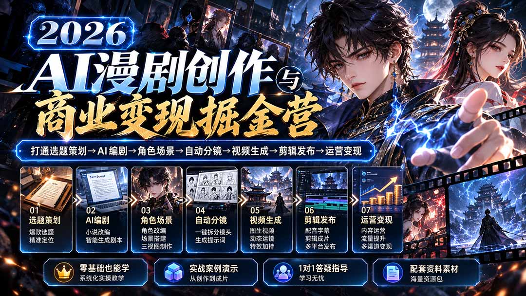 (20906期)【无水印】2026AI漫剧创作与商业变现掘金营:打通选题→AI编剧→角色场景→自动分镜→视频生成→剪辑发布→运营变现网创吧-网创项目资源站-副业项目-创业项目-搞钱项目网创吧