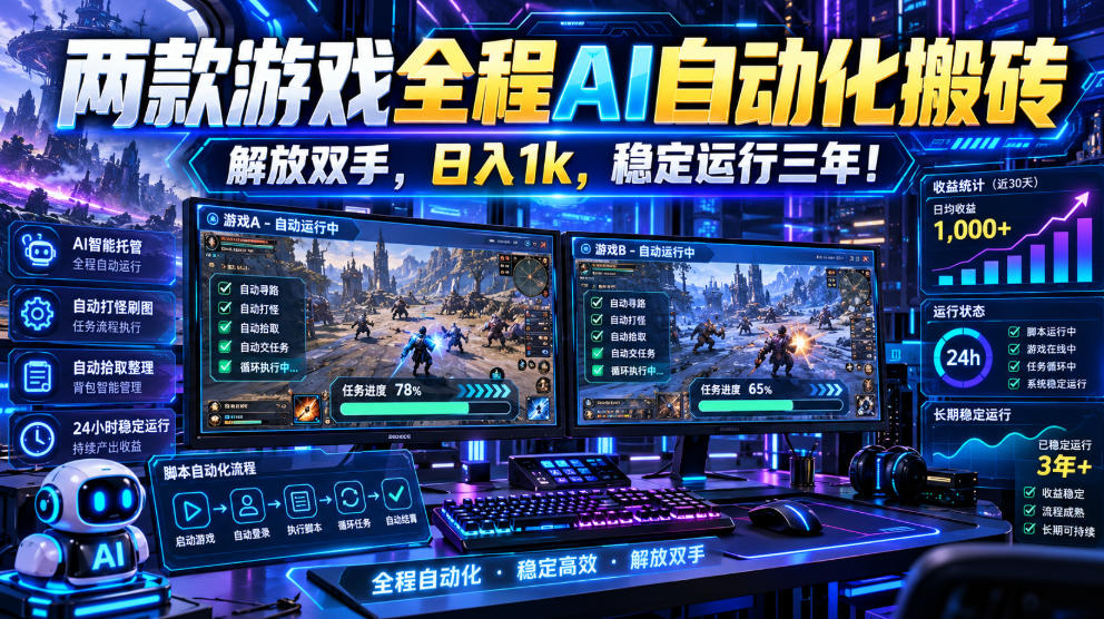 (21236期)两款游戏全程AI自动化搬砖,解放双手,日入1k,稳定运行三年!网创吧-网创项目资源站-副业项目-创业项目-搞钱项目网创吧